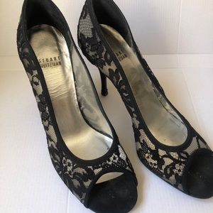 Stuart Weitzman Guipure Lace Heels Open Toe Black Size 39.5 Slip On